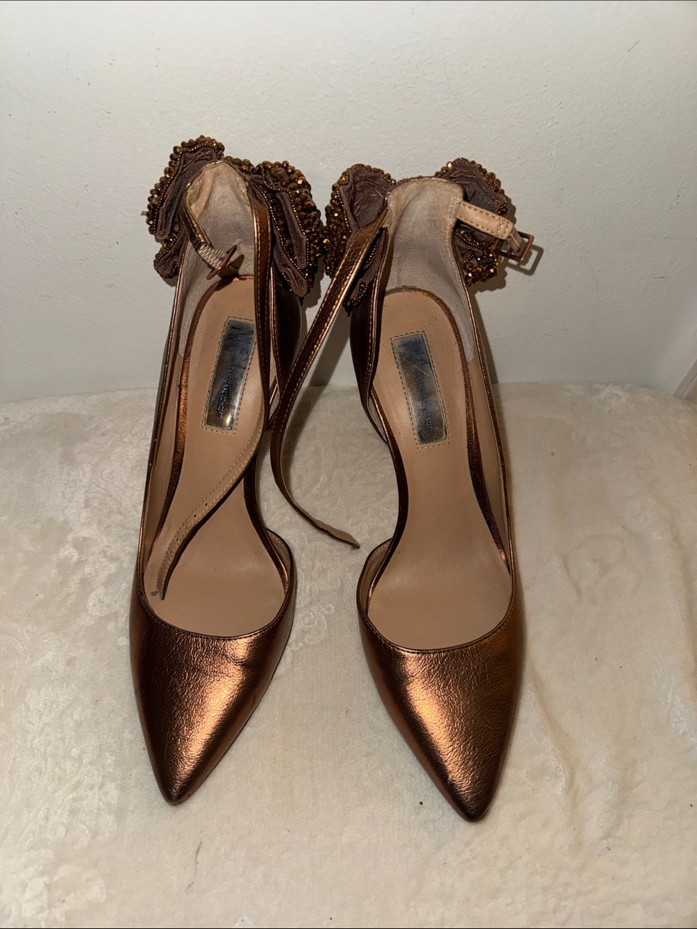 Metallic Bronze Pointed-Toe Ankle Strap Heels